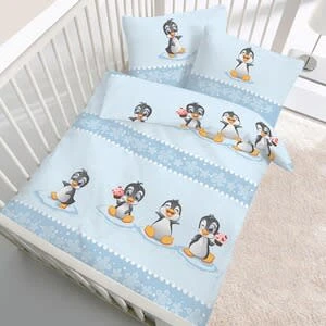 IDO Biber-Bettwäsche Baby Pinguin 40x60 / 100x135 Cm In Blau