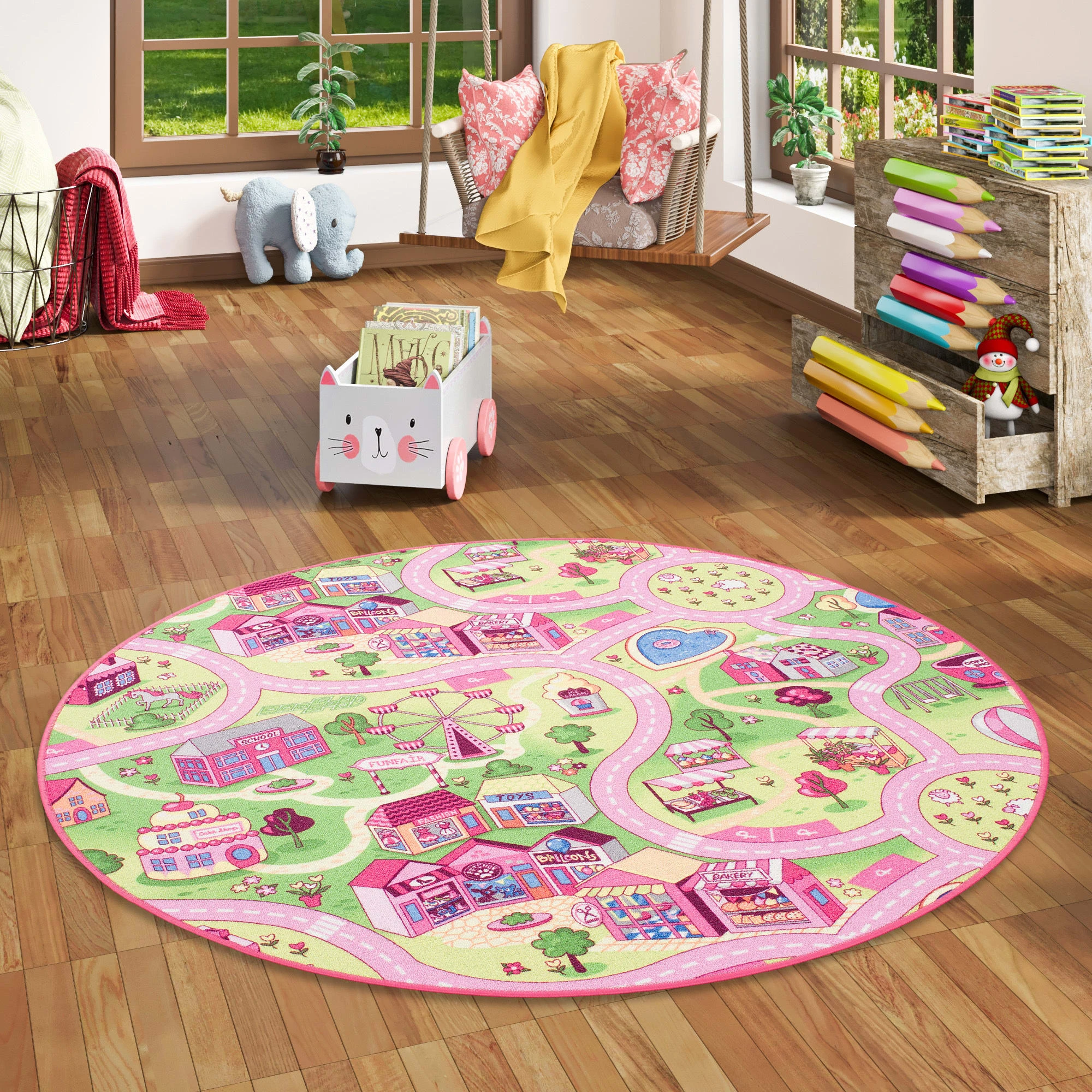 Snapstyle Kinder Spiel Teppich Girls Village Rund In Rosa – Bild 5